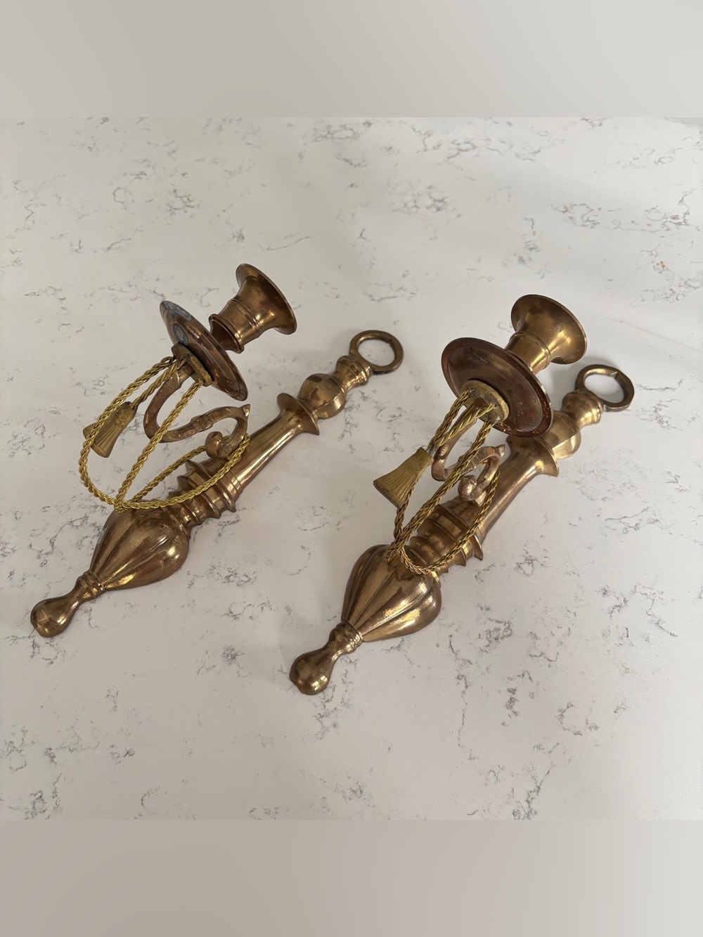 Vintage Pair of Ornate Brass Candle Holder Wall Sconces with Tassels